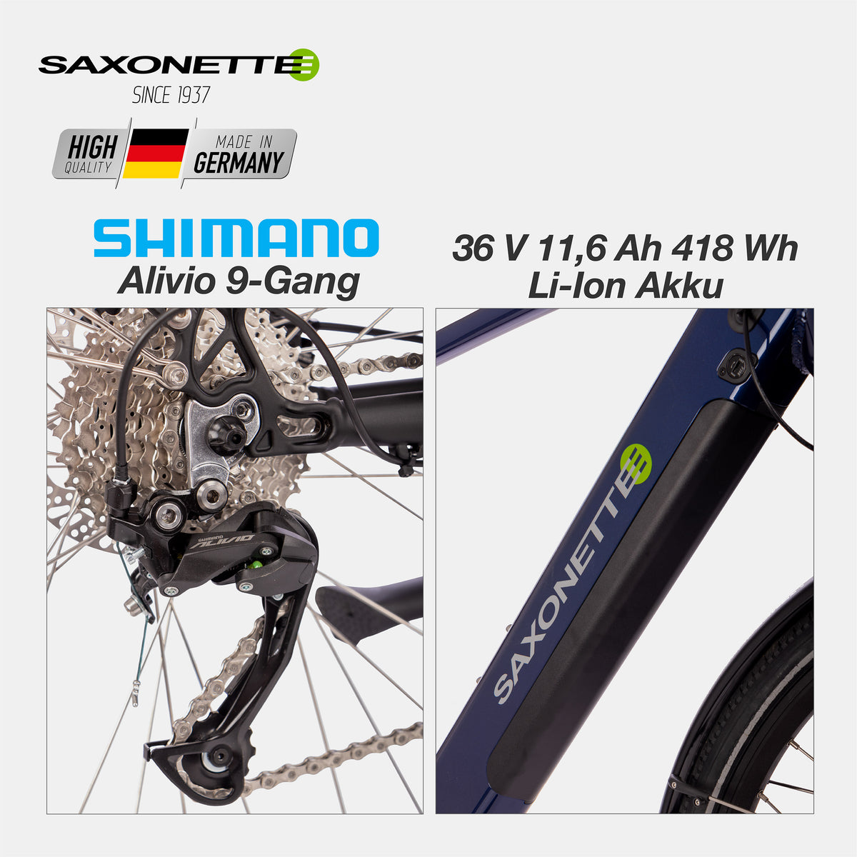 SAXONETTE E-Bike Deluxe Sport Trapez, Trekking, Mittelmotor, SHIMANO 9 Gang