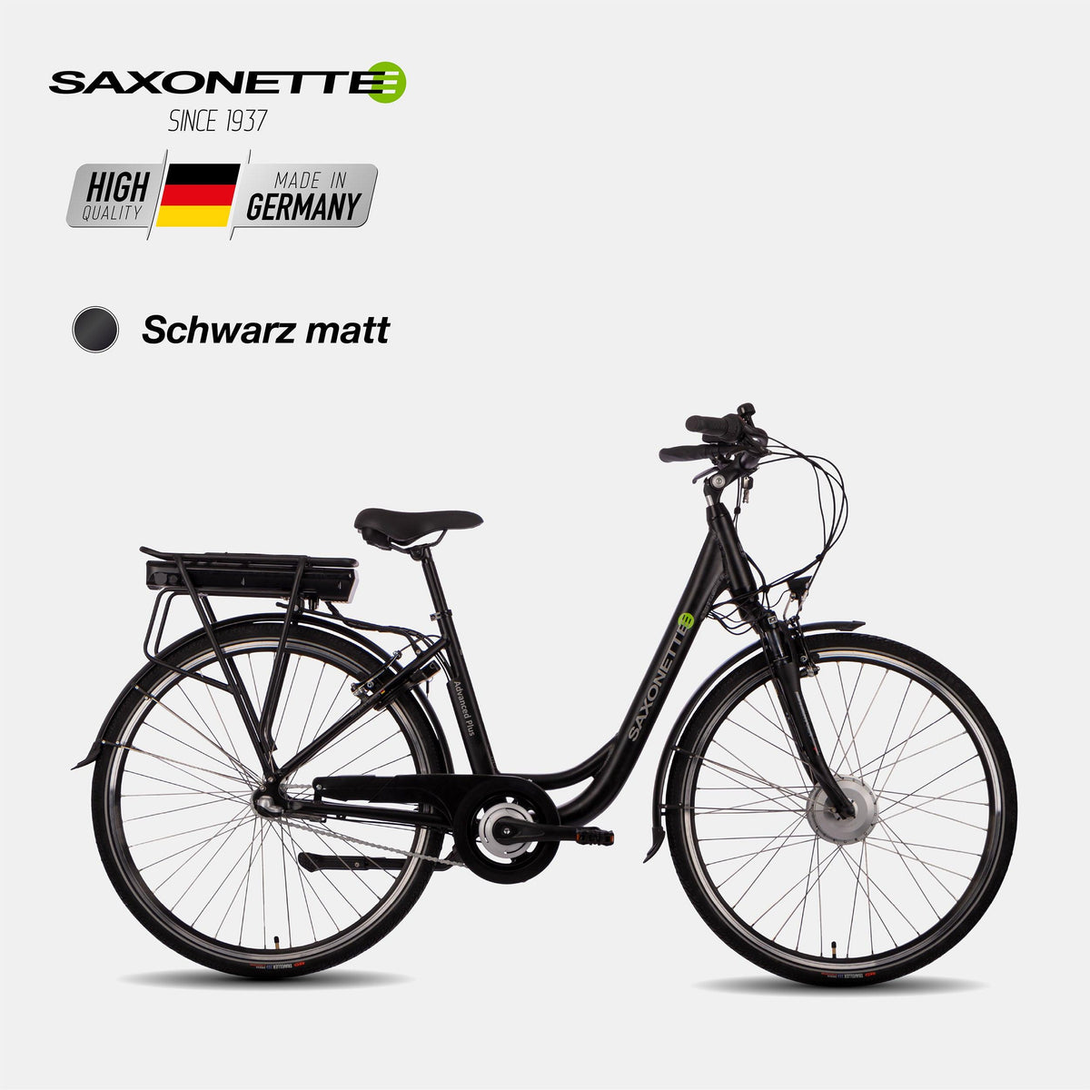 SAXONETTE Advanced Plus Wave E-Citybike, 28", Tiefeinsteiger, Vorderradmotor, 3-Gang Nexus, Gepäckträgerakku, Farbe Schwarz matt.