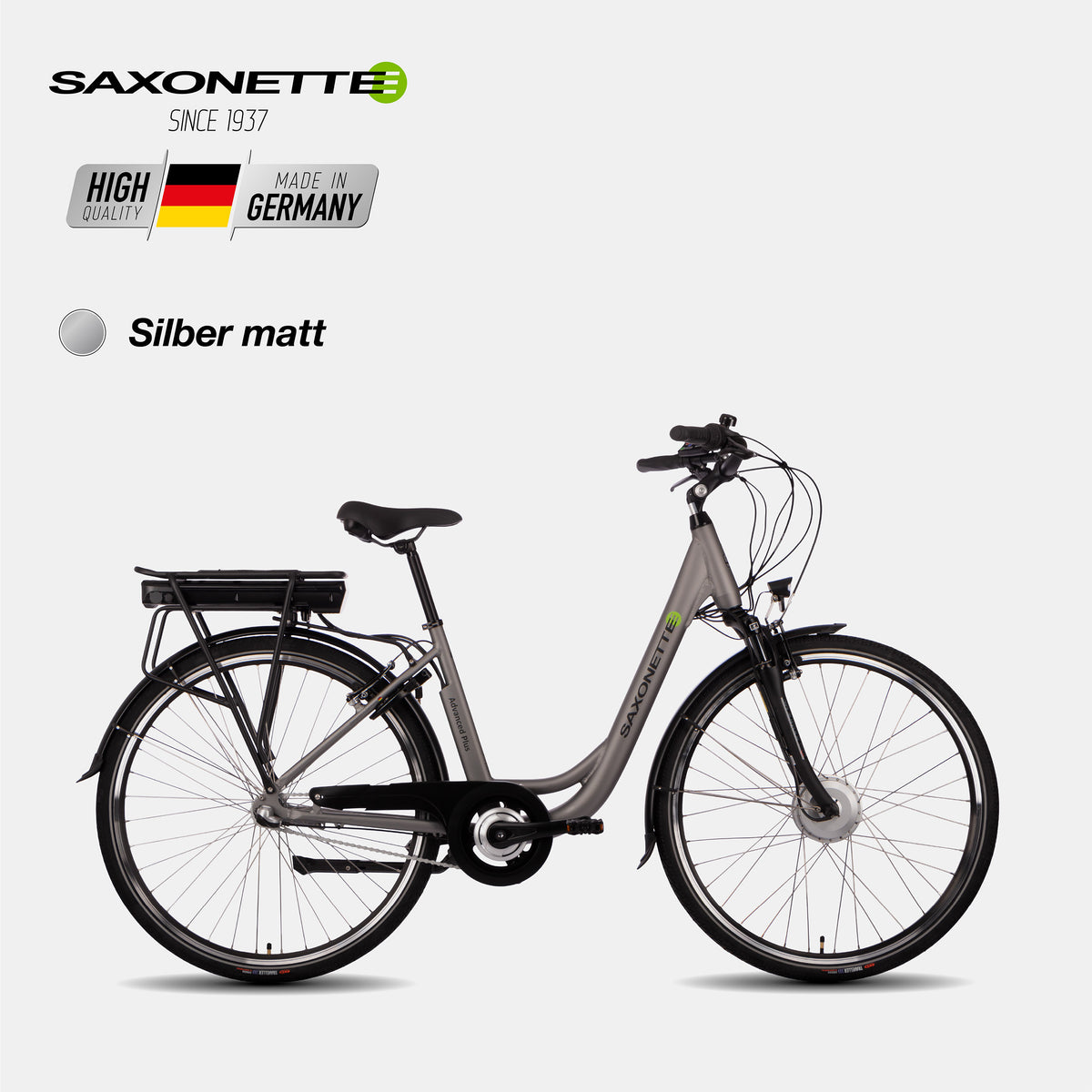 City-E-Bike SAXONETTE Wave-Rahmen, 3-Gang Shimano Nexus, Vorderradantrieb, Rücktrittbremse, Gepäckträger & Schutzbleche – Ausführung Schwarz matt.