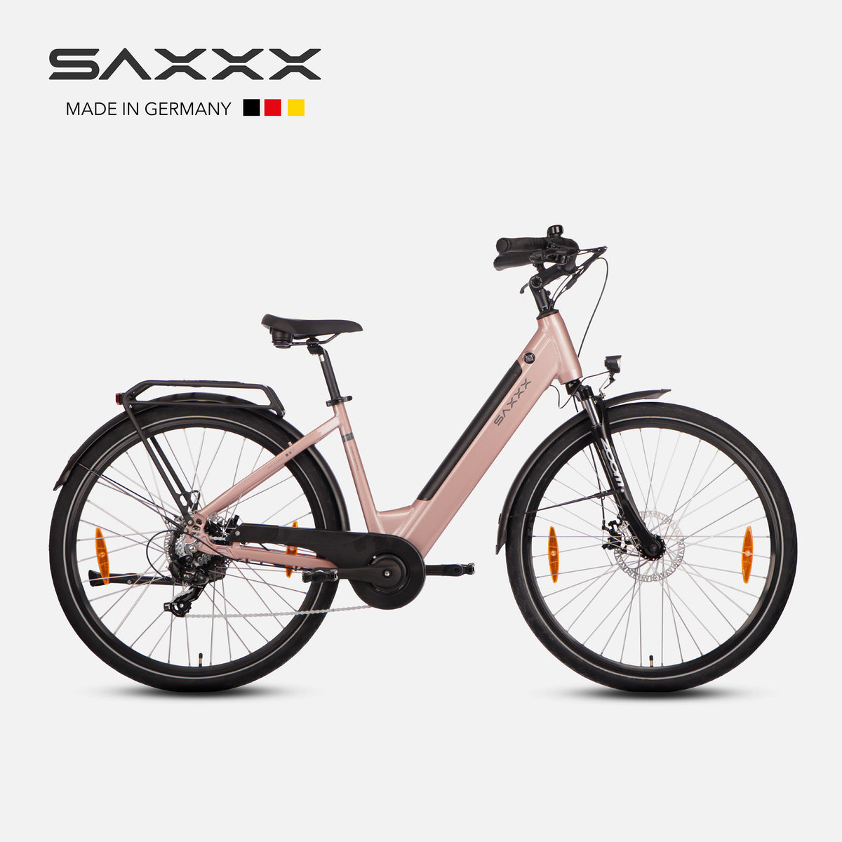 SAXXX Elektrofahrrad, komfortables und sportliches Tiefeinsteiger-Modell mit integriertem Akku, Scheibenbremsen, ergonomischem Design und bis zu 90 km Reichweite. Pink.