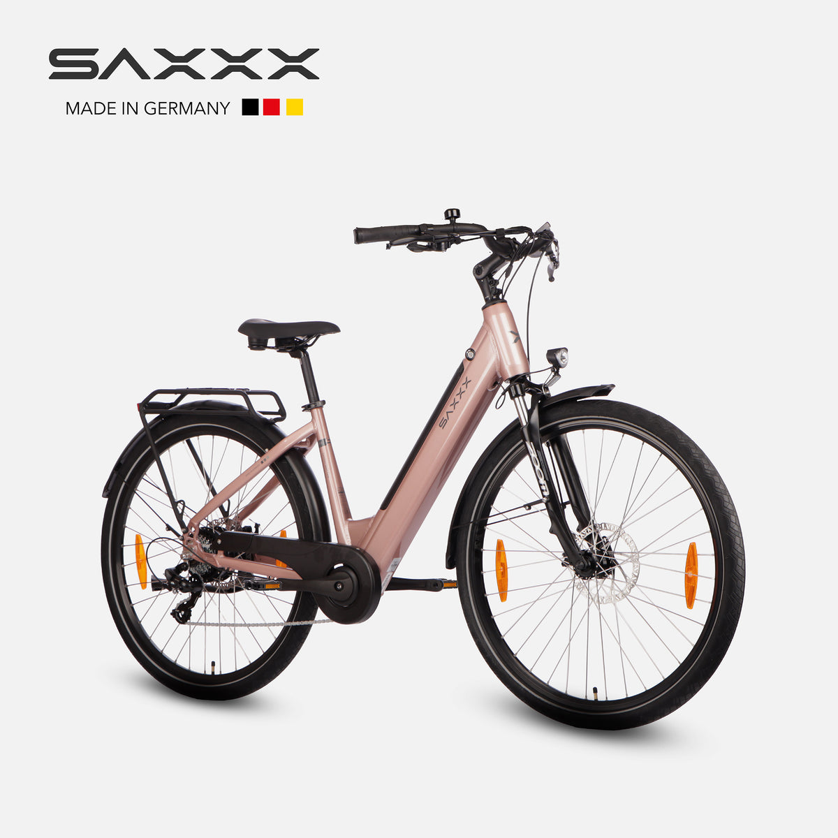 SAXXX Elektrofahrrad, komfortables und sportliches Modell mit Federgabel, integriertem Akku, Scheibenbremsen und bis zu 90 km Reichweite. Pink.