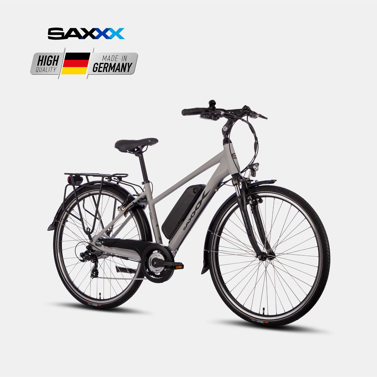 SAXXX Touring Sport Trapez, 7-Gang, Unterrohr-Akku und Federgabel, Schrägansicht, hellsilber