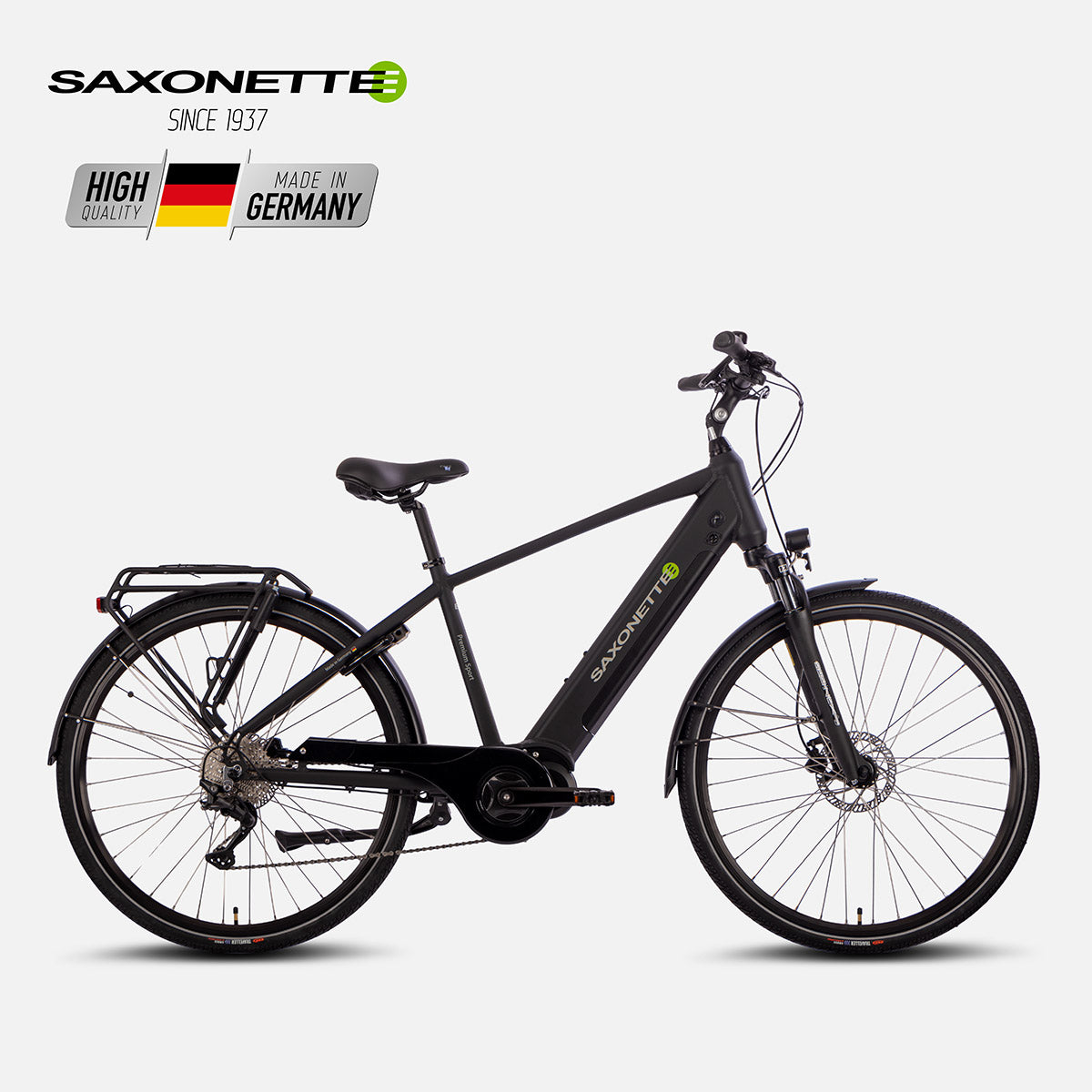 SAXONETTE Premium Sport Diamant E-Bike, Mittelmotor, Schwarz (Seitenansicht).