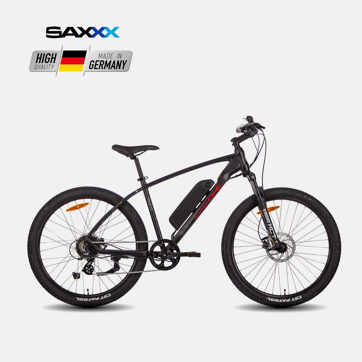 SAXXX Everest 2.0 Diamant in Schwarz, Hardtail-E-MTB mit Hinterradmotor und Scheibenbremsen.