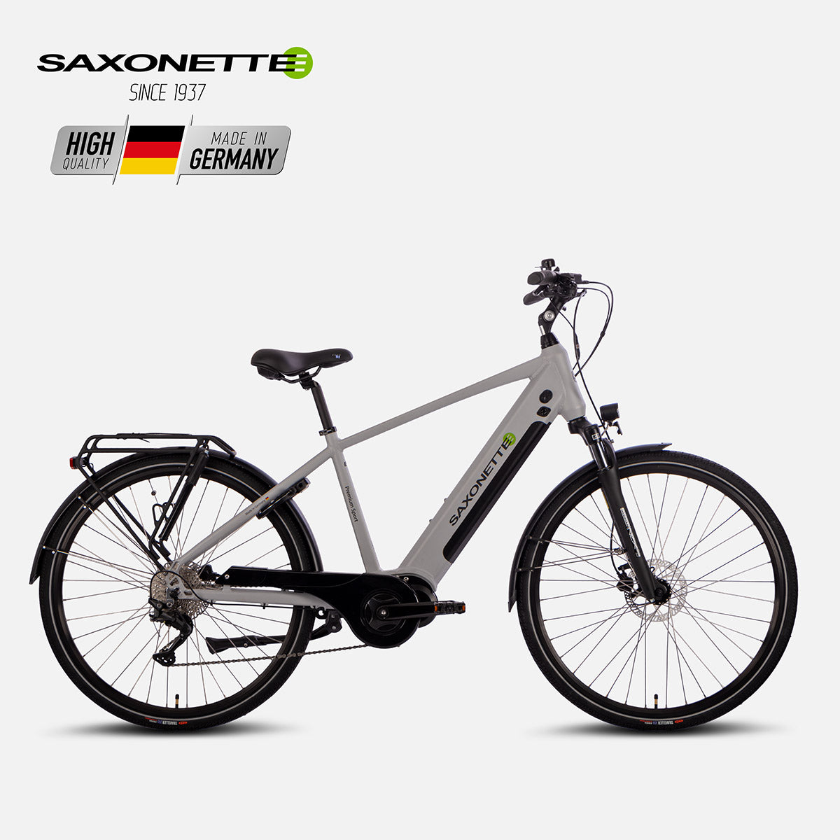 SAXONETTE Premium Sport Diamant, Mittelmotor, Silber (Seitenansicht).