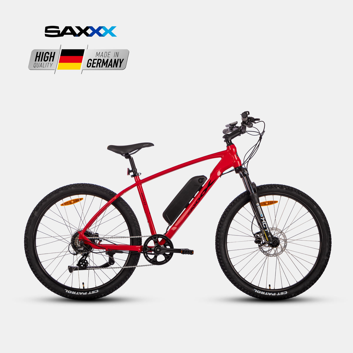 SAXXX Everest 2.0 Diamant in Rot, E-MTB mit Hinterradmotor, Federgabel und Scheibenbremsen.