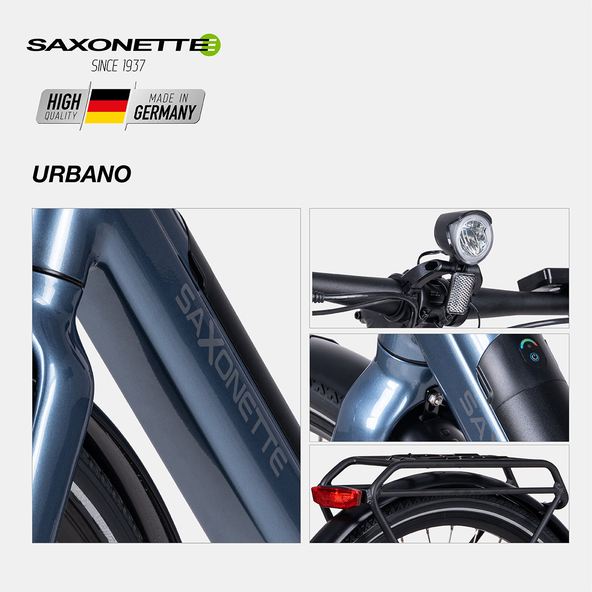 SAXONETTE URBANO Plus Diamant Powder Blue glänzend – Rahmen/Frontlicht, 250 W Heckmotor
