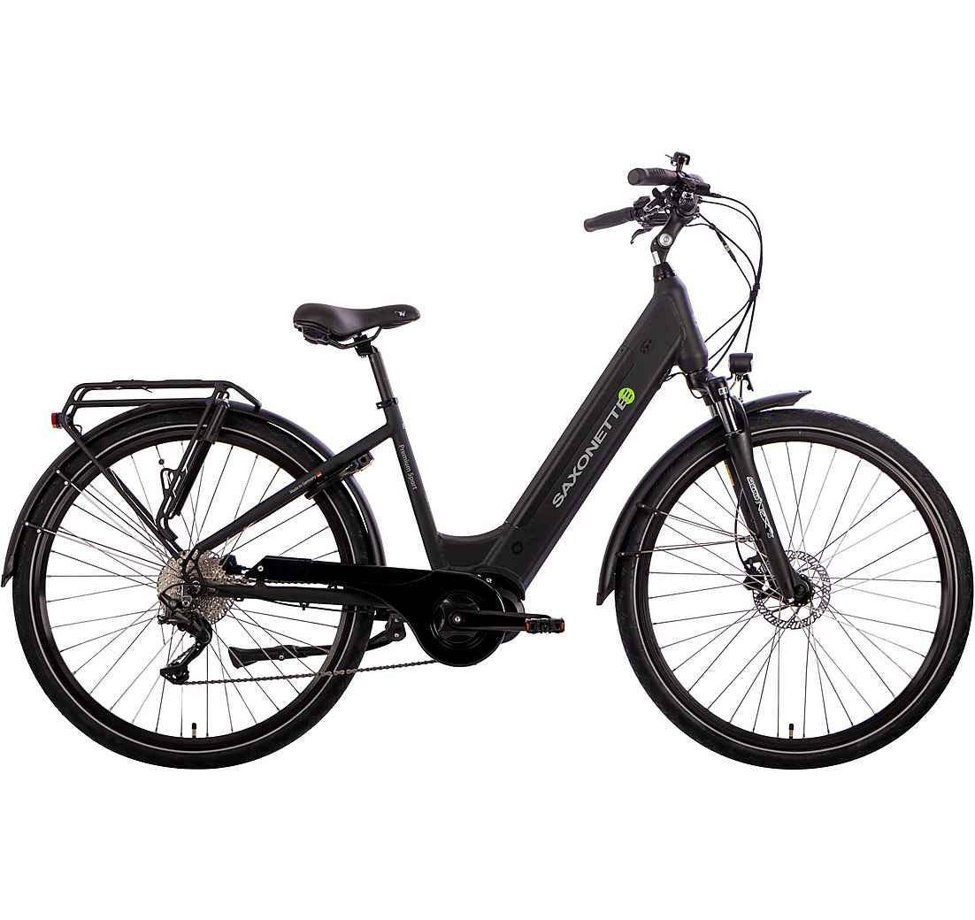 Schrägansicht des SAXONETTE Premium Plus 2.1 Wave, integrierter Akku, Federgabel und Scheibenbremsen.