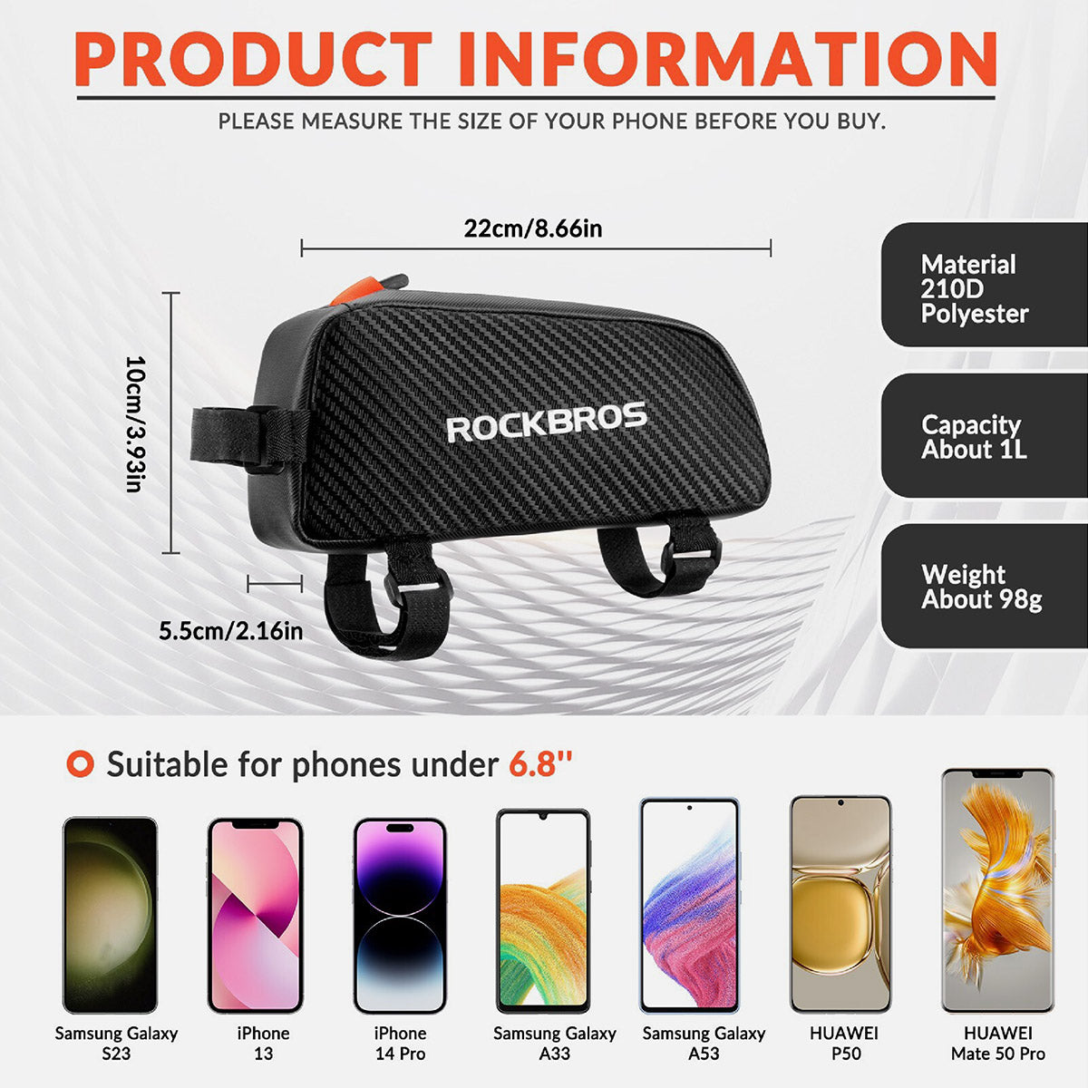 ROCKBROS 1L Wasserdichte Fahrradrahmentasche Reflektor Klettverschluss