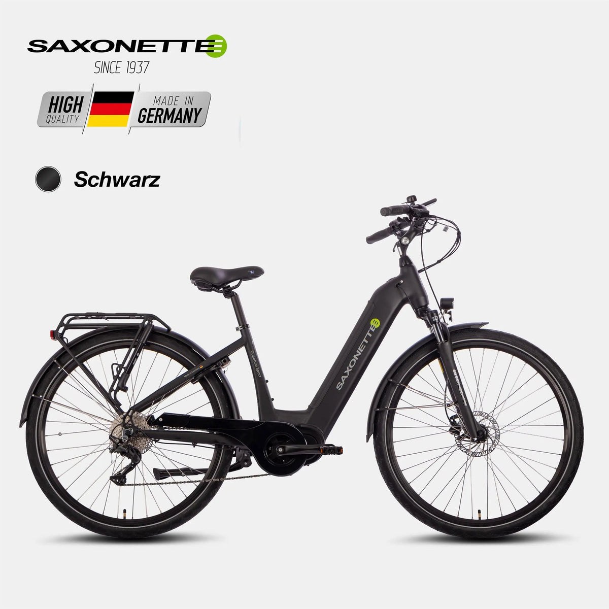 SAXONETTE E-Bike Quantum Sport Wave Schwarz Rahmen mit High Quality Made in Germany Schriftzug Seitenansicht