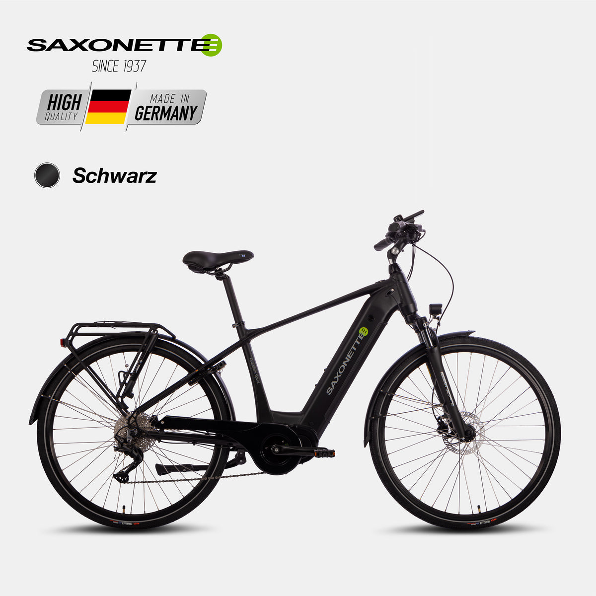 SAXONETTE Quantum Sport Diamant – Trekking, Mittelmotor, 10-Gang – Schwarz (Seitenansicht).