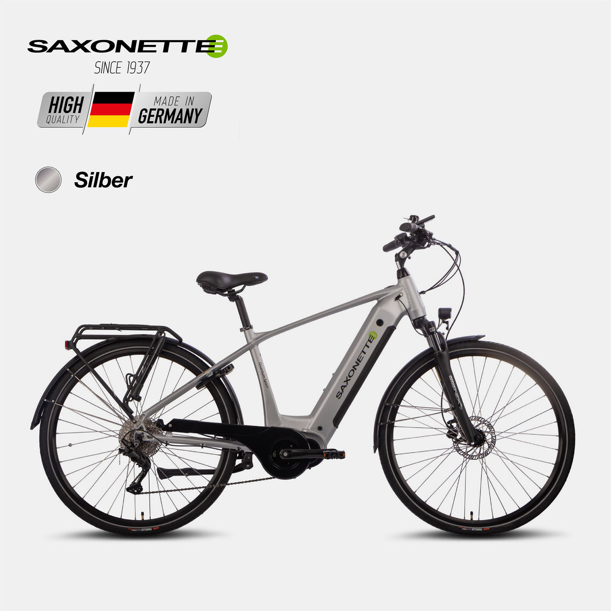 SAXONETTE Quantum Sport Diamant – Trekking, Mittelmotor, 10-Gang – Silber (Seitenansicht links).
