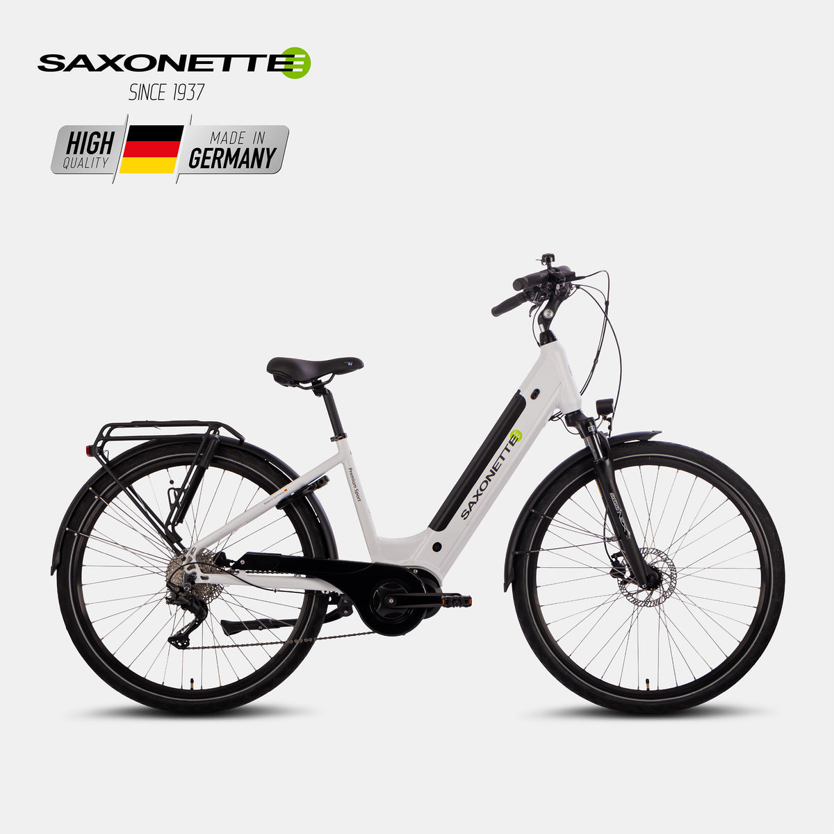 SAXONETTE E-Bike Pre. Sport Wave in Hellsilber/Weiß, Mittelmotor, Trekking-Geometrie, 10-Gang Kettenschaltung.