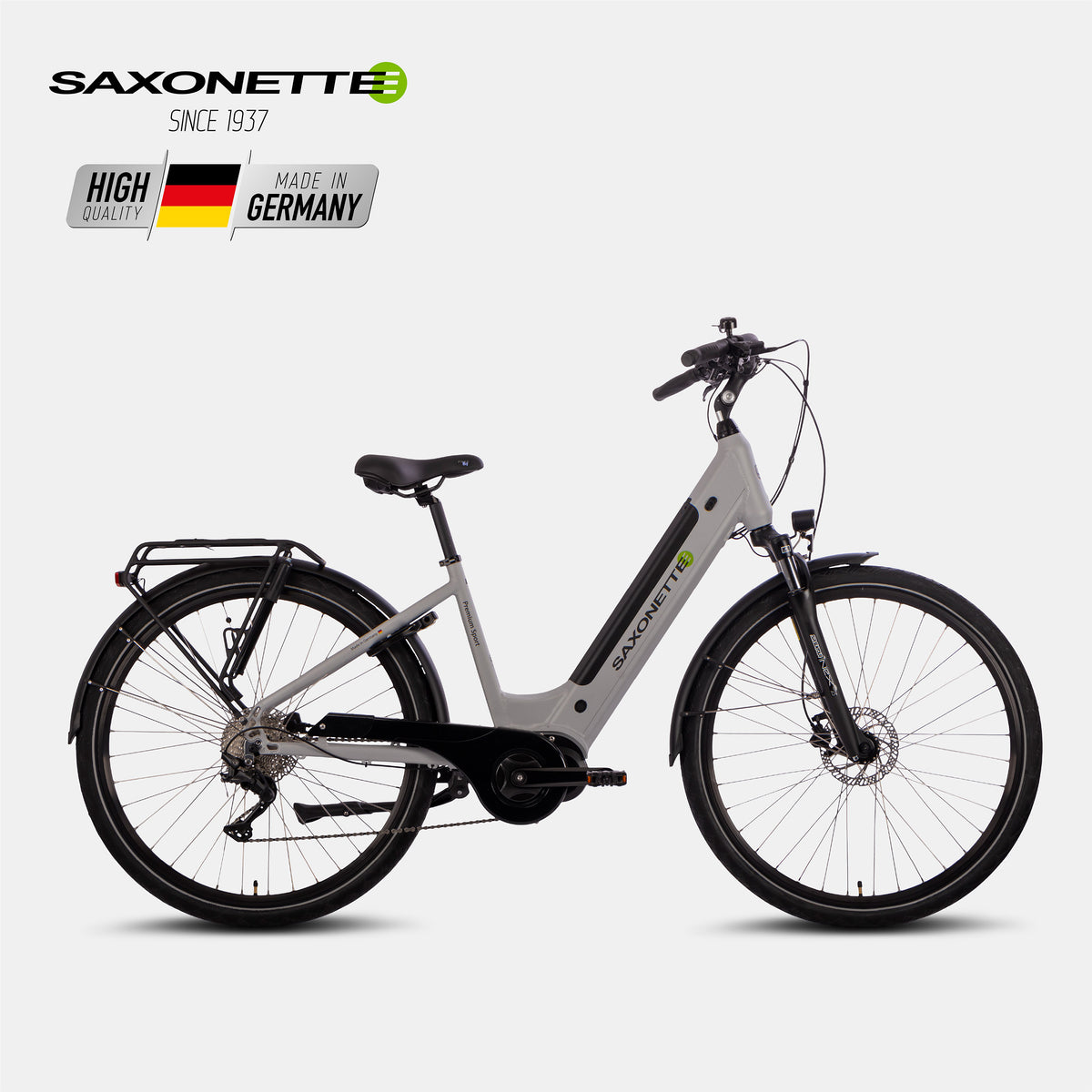 SAXONETTE Pre. Sport Wave E-Bike, komfortabler Tiefeinstieg, Mittelmotor, 10 Gänge, Trekkingsetup, hellsilber.