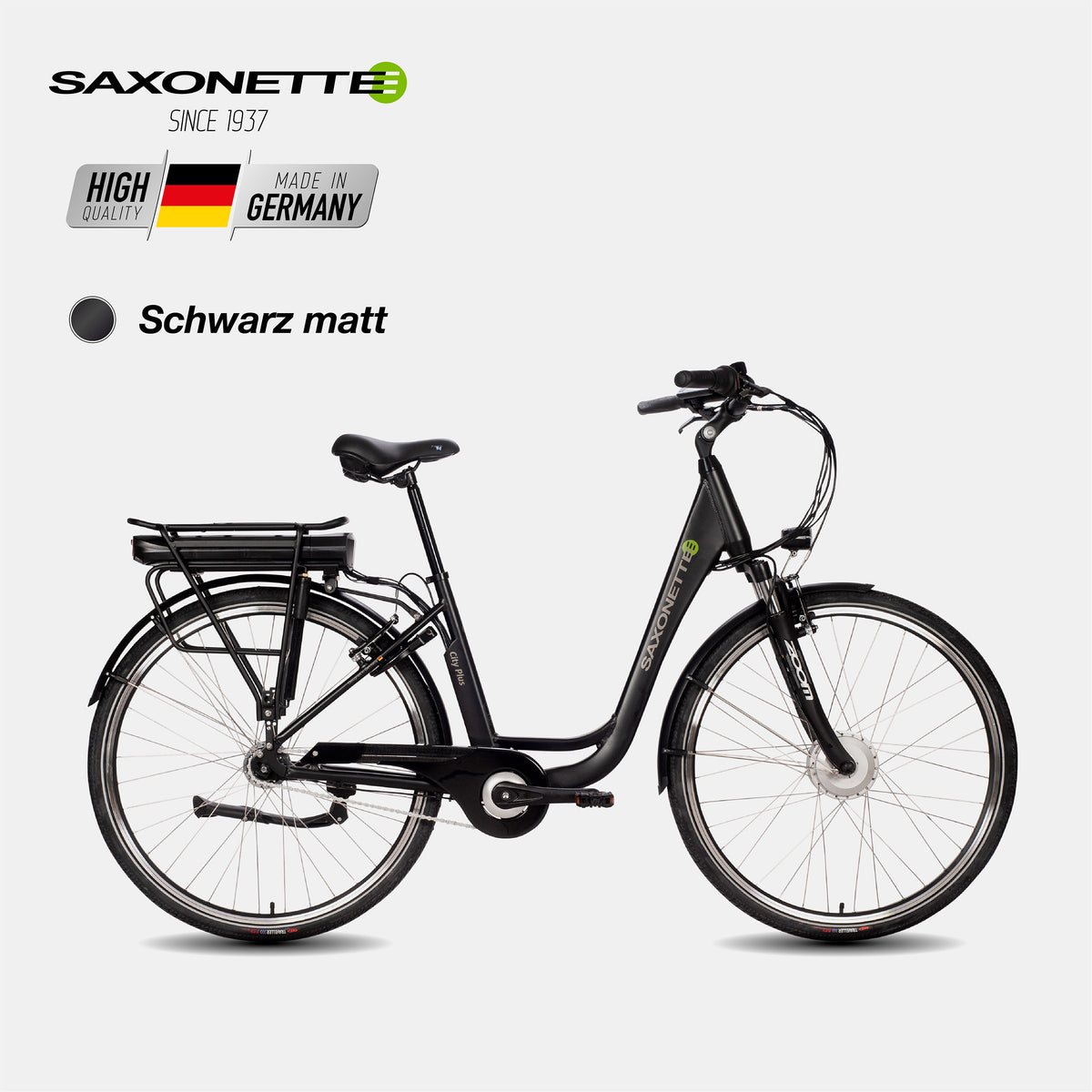 SAXONETTE City Plus Wave in Schwarz matt, 7-Gang Nexus, Tiefeinsteiger-Rahmen mit Beleuchtung, Schutzblechen und Gepäckträger.