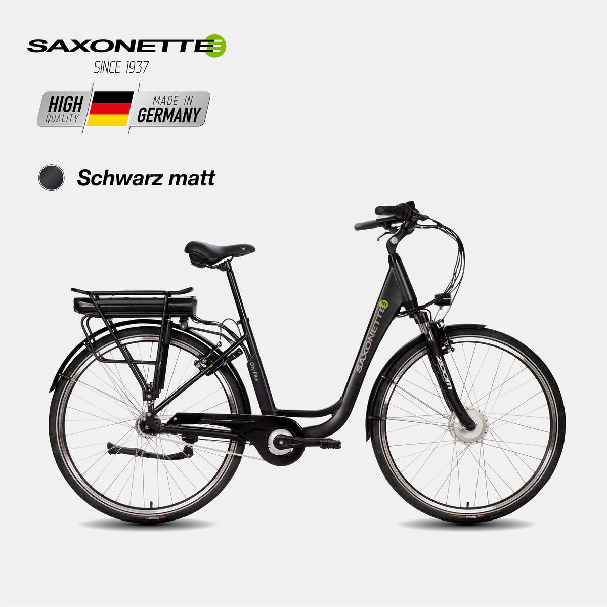 SAXONETTE City Plus Wave in Schwarz matt, 7-Gang Nexus, Tiefeinsteiger-Rahmen mit Beleuchtung, Schutzblechen und Gepäckträger.