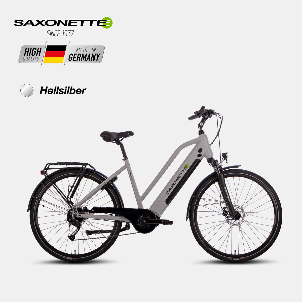 SAXONETTE Del. Sport Trapez Trekking-E-Bike, Hellsilber, Mittelmotor mit Shimano Alivio 9-Gang – Seitenansicht