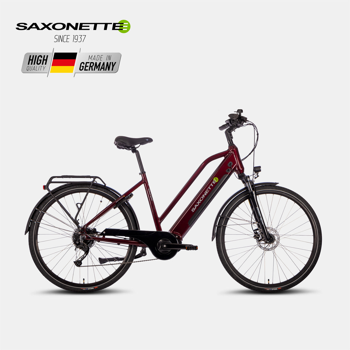 Schwarzes SAXONETTE Del. Sport Trapez E-Bike mit Federgabel, Gepäckträger und Lichtanlage für Stadt & Tour