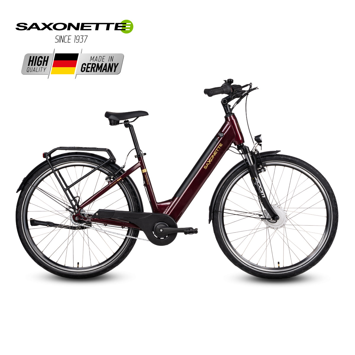 SAXONETTE Comfort Plus 5.0, Bordeaux – Tiefeinsteiger, 468 Wh, 250 W Frontmotor.