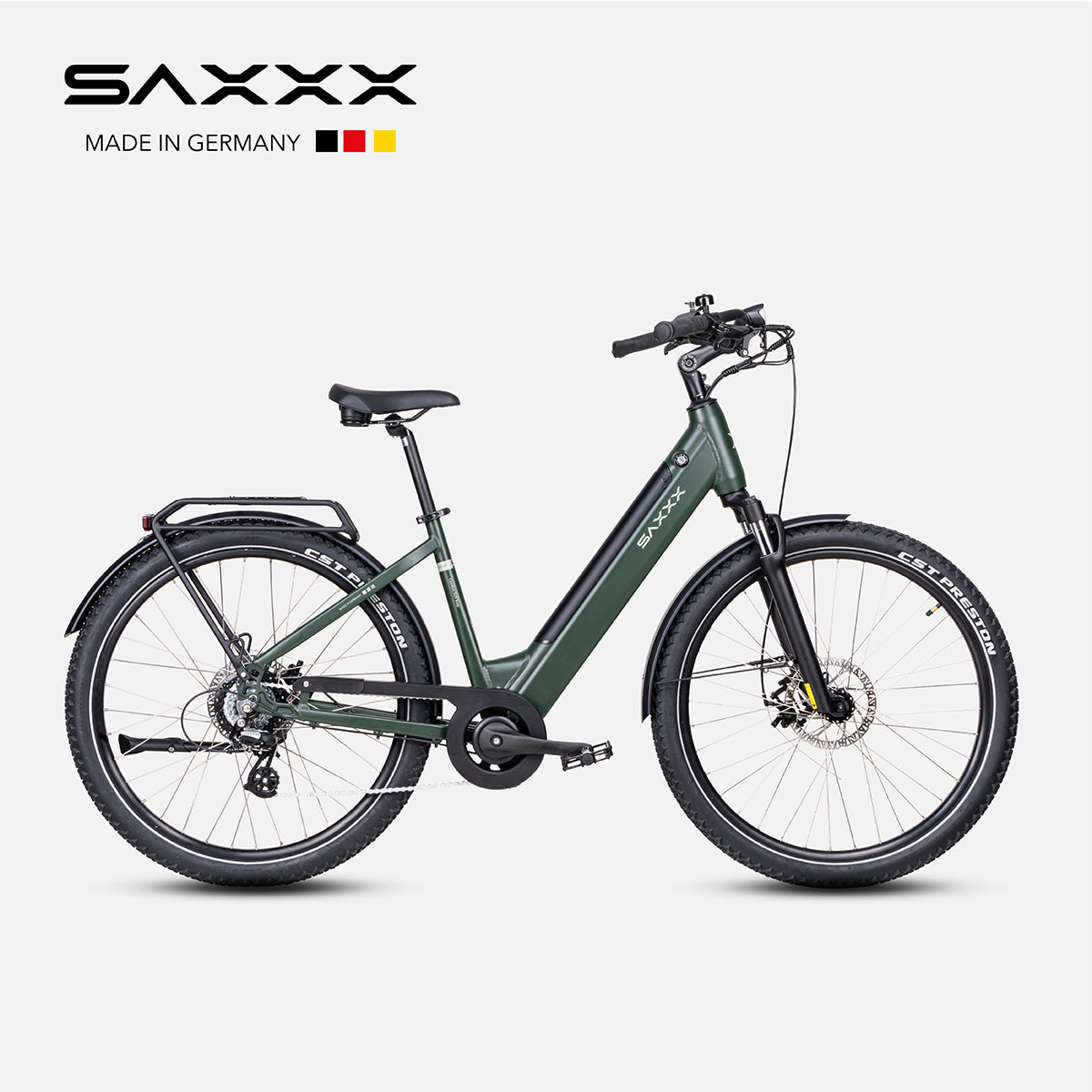 SAXXX E-Bike Comfort SUV Easy Wave, SUV-Elektrofahrrad mit 468-Wh Akku, bis zu 90 km Reichweite, Kettenschaltung und Scheibenbremsen, Tannengrün.