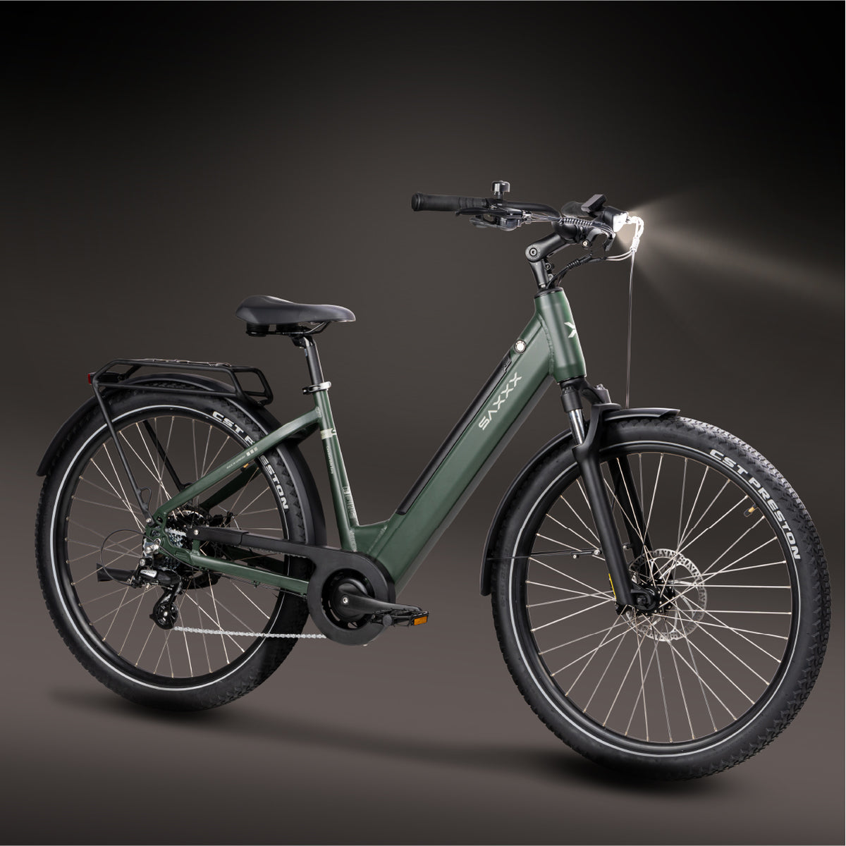 SAXXX E-Bike Comfort SUV Easy Wave, SUV-E-Bike mit 468-Wh Akku (max. 90 km), Federgabel und hellem LED-Frontlicht, Tannengrün.
