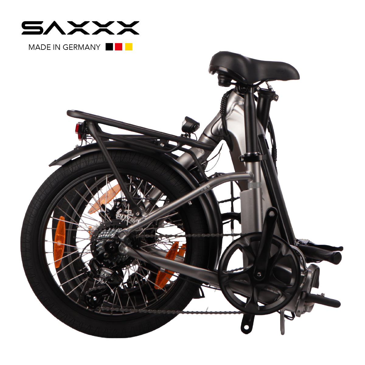 SAXXX Foldi Comfort in Silber, 375-Wh Akku, Front-Scheibenbremse – handliches Falt-E-Bike für die Stadt.