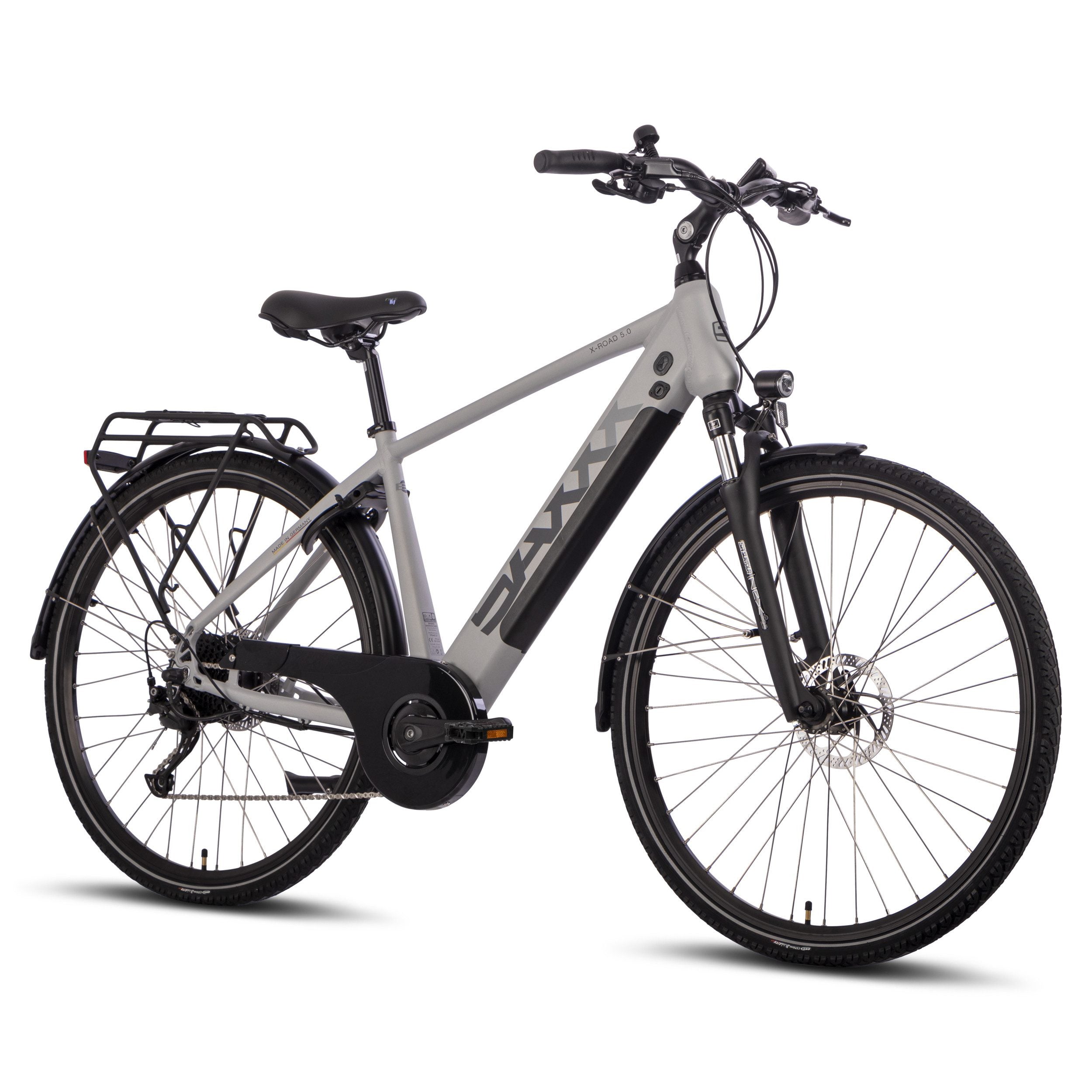 SAXXX E-Bike X-Road 5.0 E-Trekkingbike, 9 Gang Shimano, Kettenschaltung, Hinterradmotor, 468 Wh AKKU, Scheibenbremsen, Federgabel
