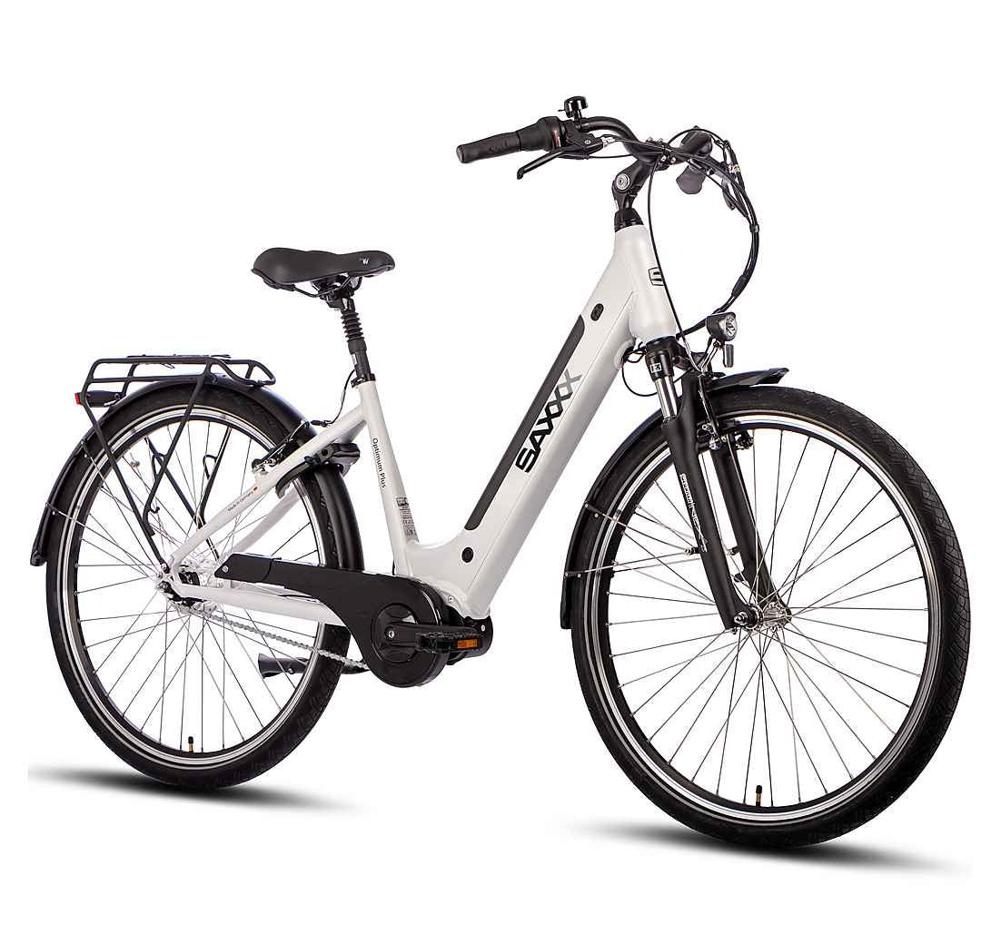 SAXXX E-Bike Optimum Plus Wave, Mittelmotor 250 W, Silberweiß – Seitenansicht vor weißem Hintergrund.