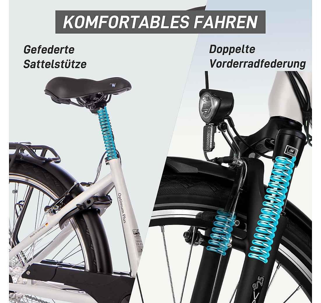 SAXXX Optimum Plus Wave in Silberweiß – schräg-vorne im Studio, Mittelmotor 250 W, mit Gepäckträger.