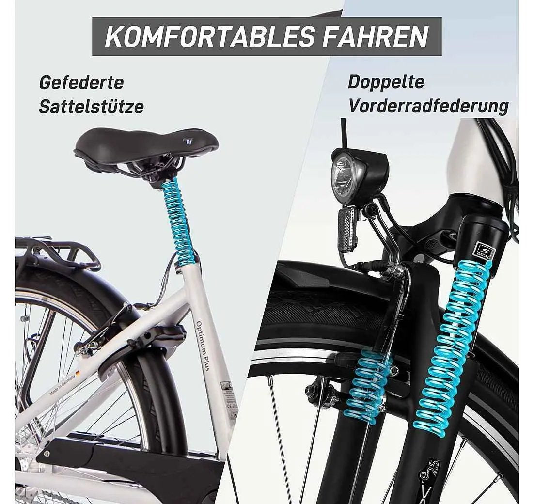 SAXXX Optimum Plus Wave in Silberweiß – schräg-vorne im Studio, Mittelmotor 250 W, mit Gepäckträger.