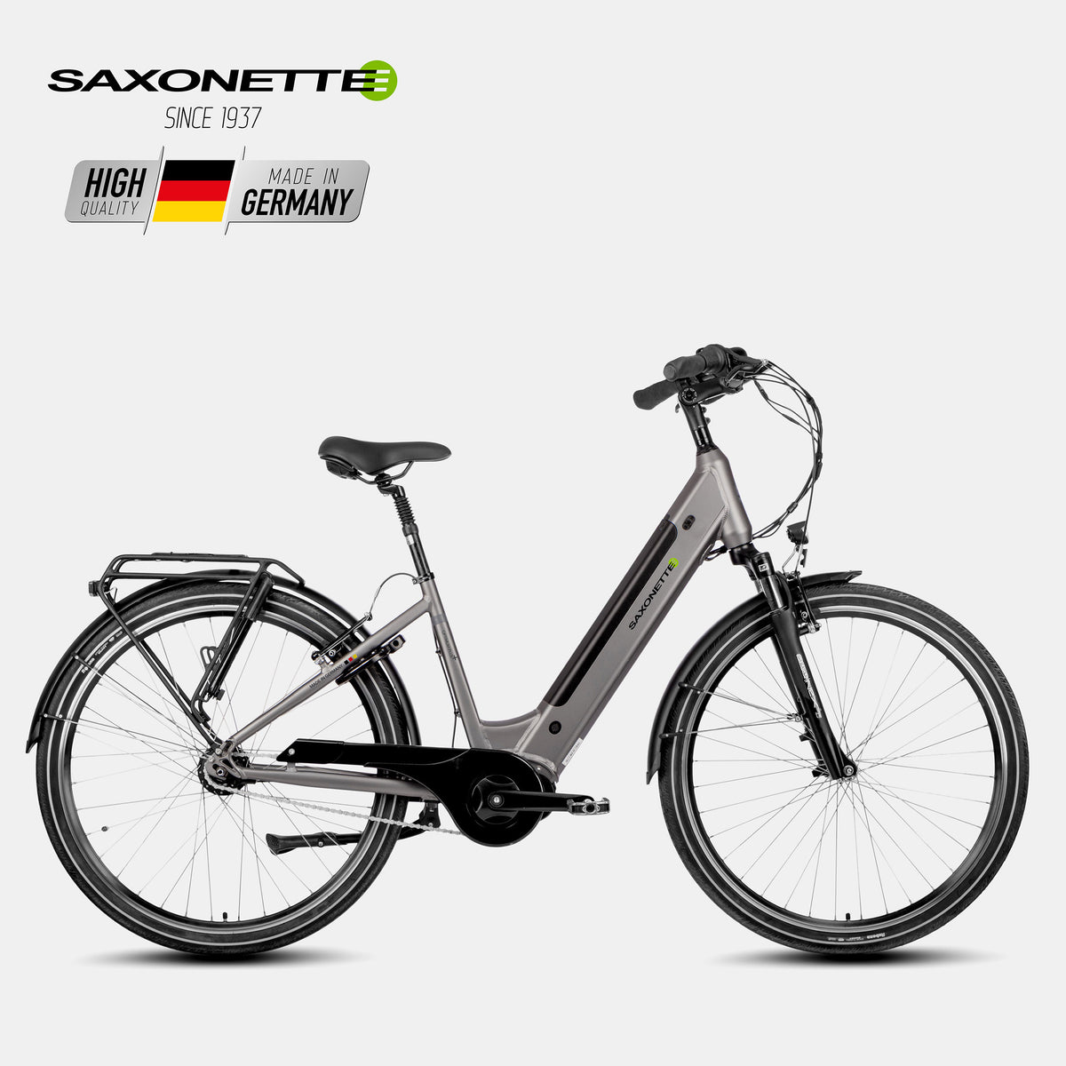 SAXONETTE Optimum Plus Wave in Hellsilber, Tiefeinsteiger mit Mittelmotor, 7-Gang Shimano Nexus, Federgabel und Gepäckträger – City/Trekking