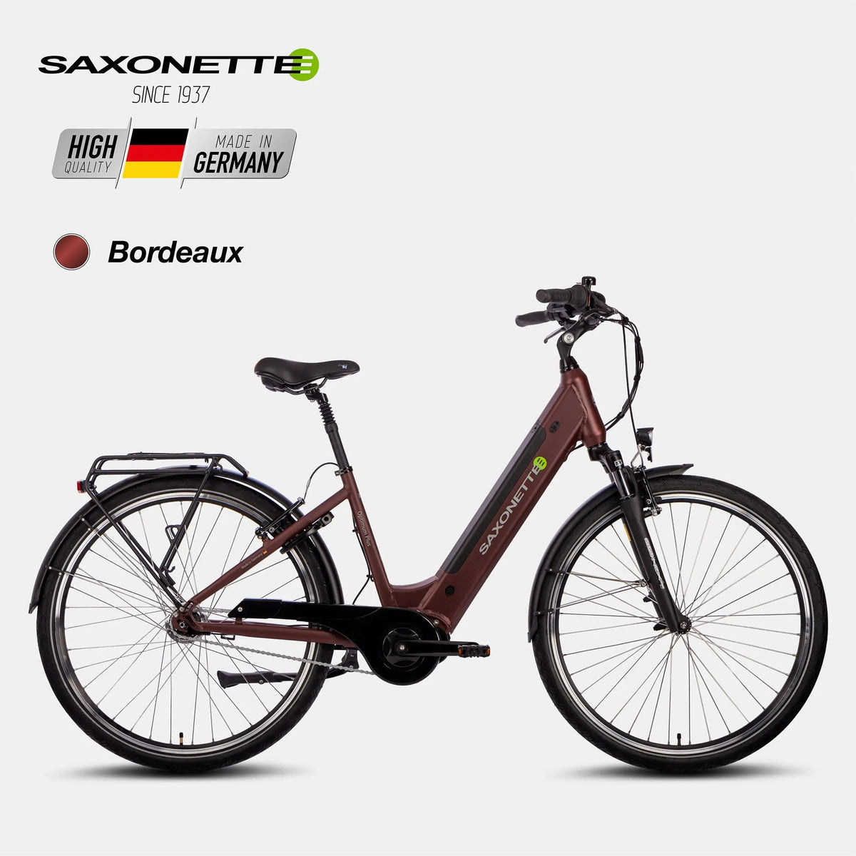 Saxonette E-Bike Modell mit Bordeaux-Lackierung und MADE IN GERMANY Logo, ähnlich dem Optimum Plus Wave