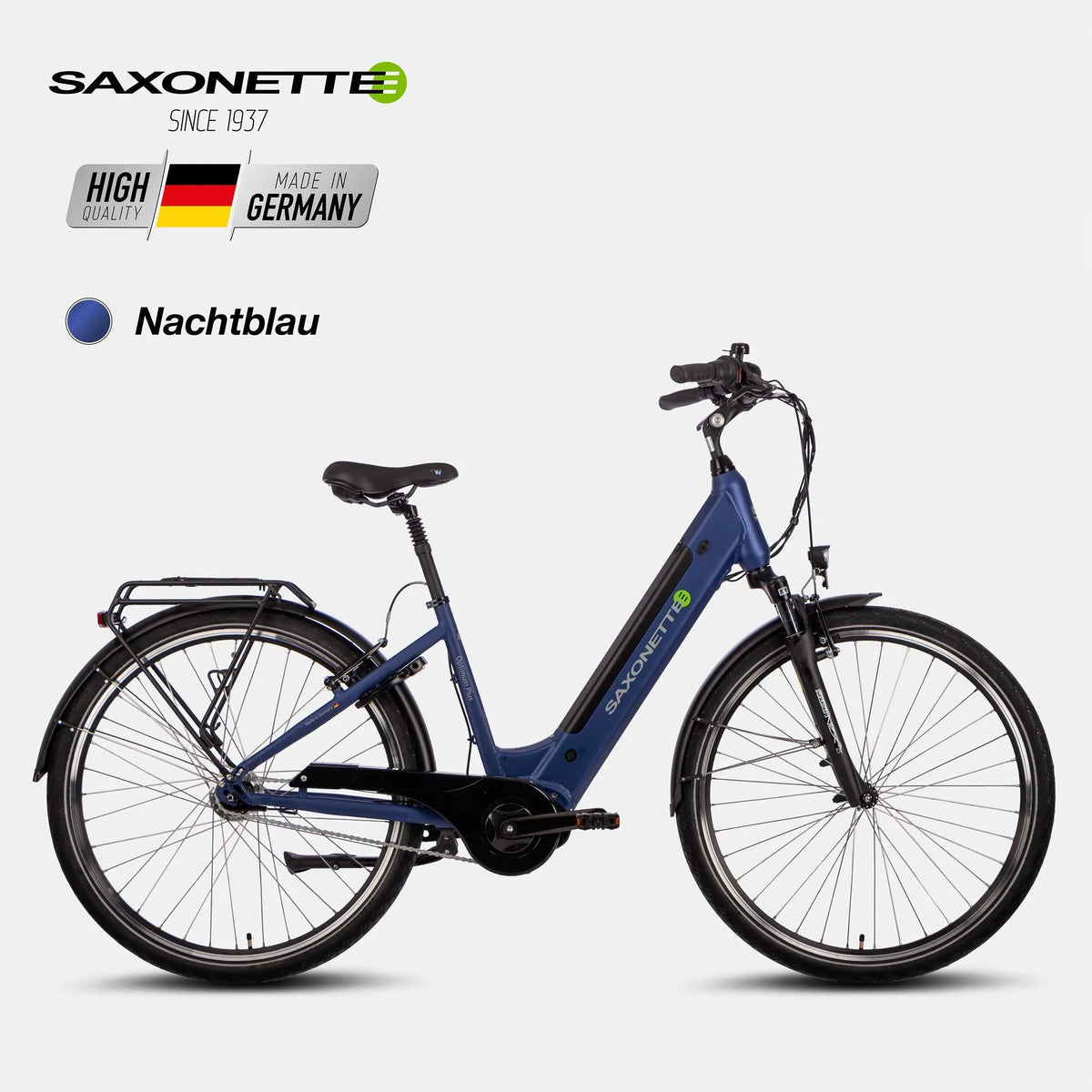 Saxonette E-Bike in Nachtblau mit Markenlogo und Qualitätssiegel MADE IN GERMANY, Modellvariante zum Optimum Plus Wave