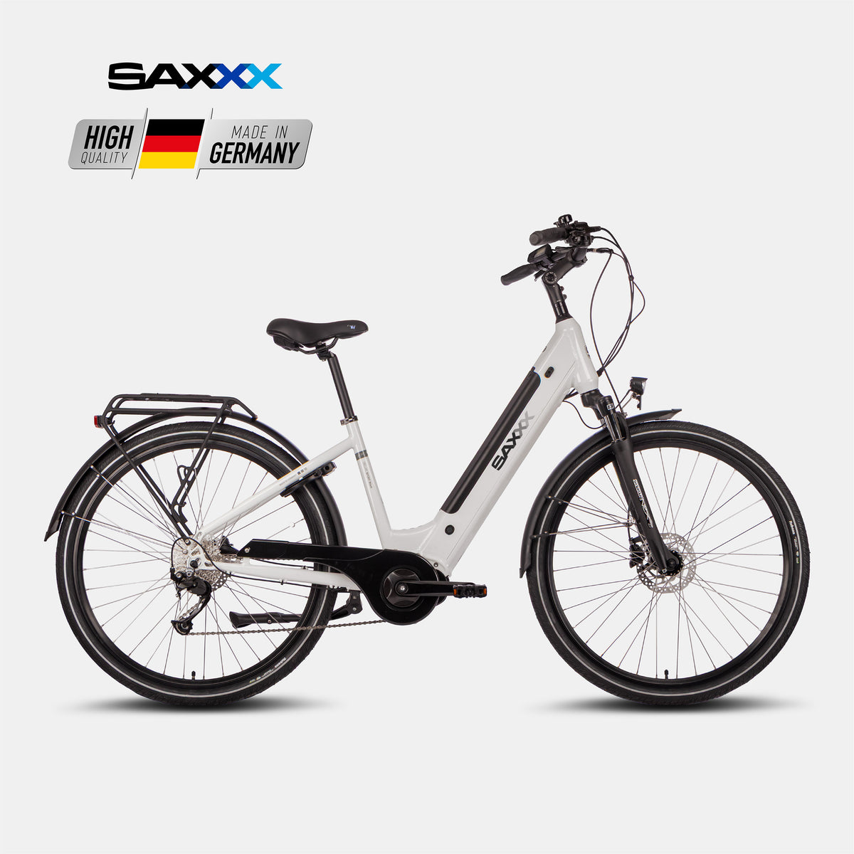 SAXXX Del. Sport Wave – City-E-Bike mit Mittelmotor, hellsilber.
