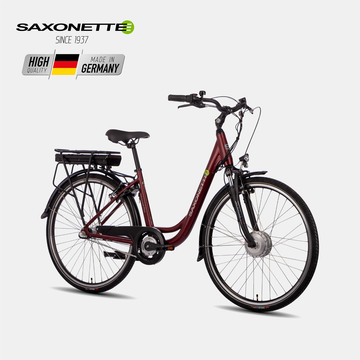 SAXONETTE Advanced Plus Wave E-bike Markenlogo mit Herkunftsangabe "High Quality Made in Germany" – Deutsche Qualität seit 1937