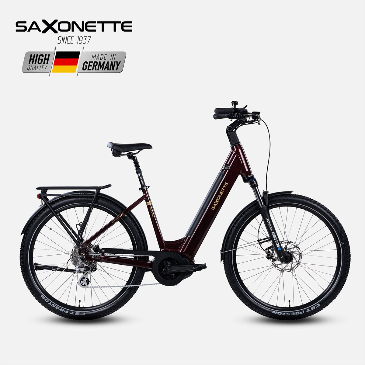 SAXONETTE DEL. SUV Easy, Tiefeinstieg-E-Bike mit Mittelmotor, Federgabel, Scheibenbremsen und Gepäckträger; robust für Alltag & Touren; Farbe Bordeaux.