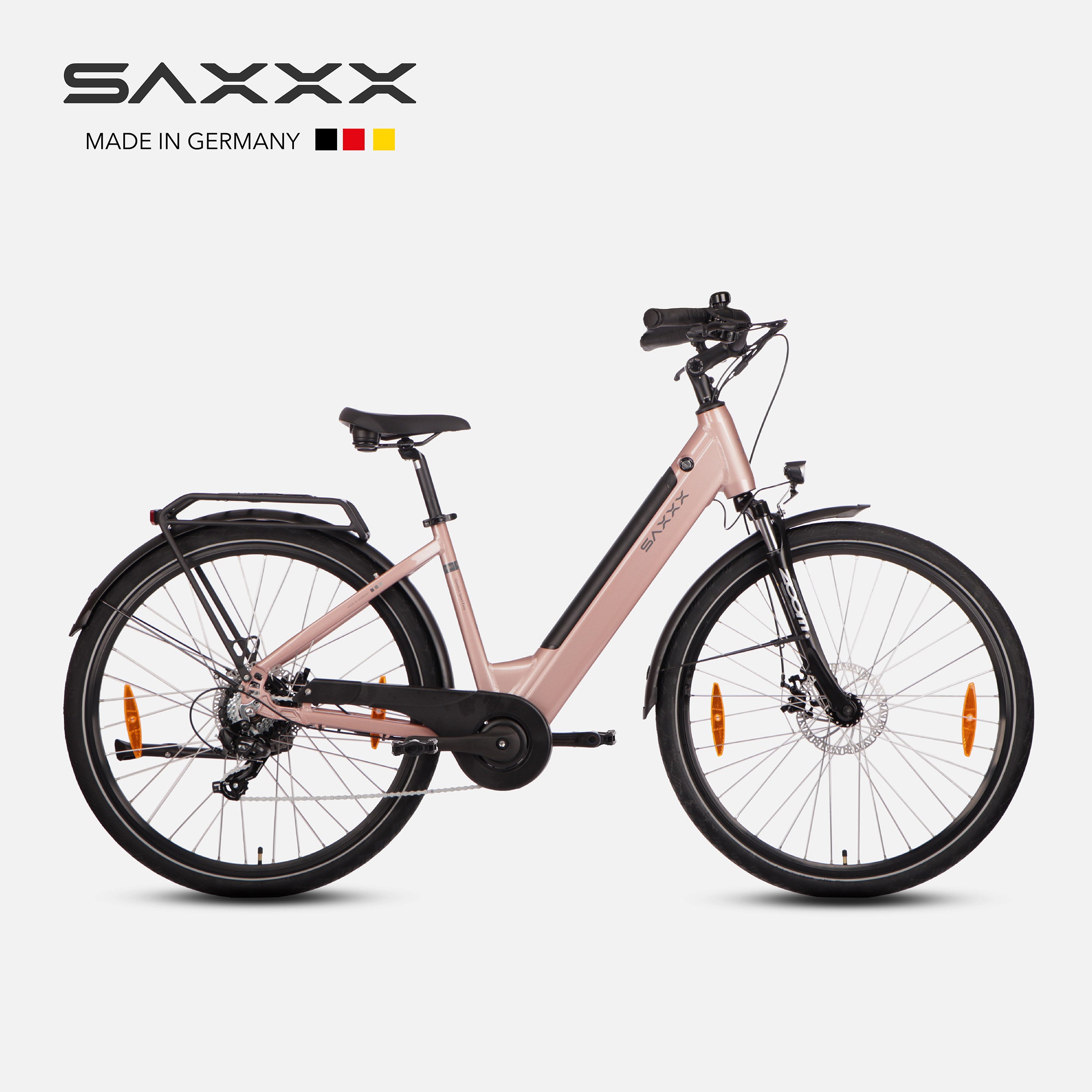 SAXXX Elektrofahrrad, komfortables und sportliches Tiefeinsteiger-Modell mit integriertem Akku, Scheibenbremsen, ergonomischem Design und bis zu 90 km Reichweite. Pink.