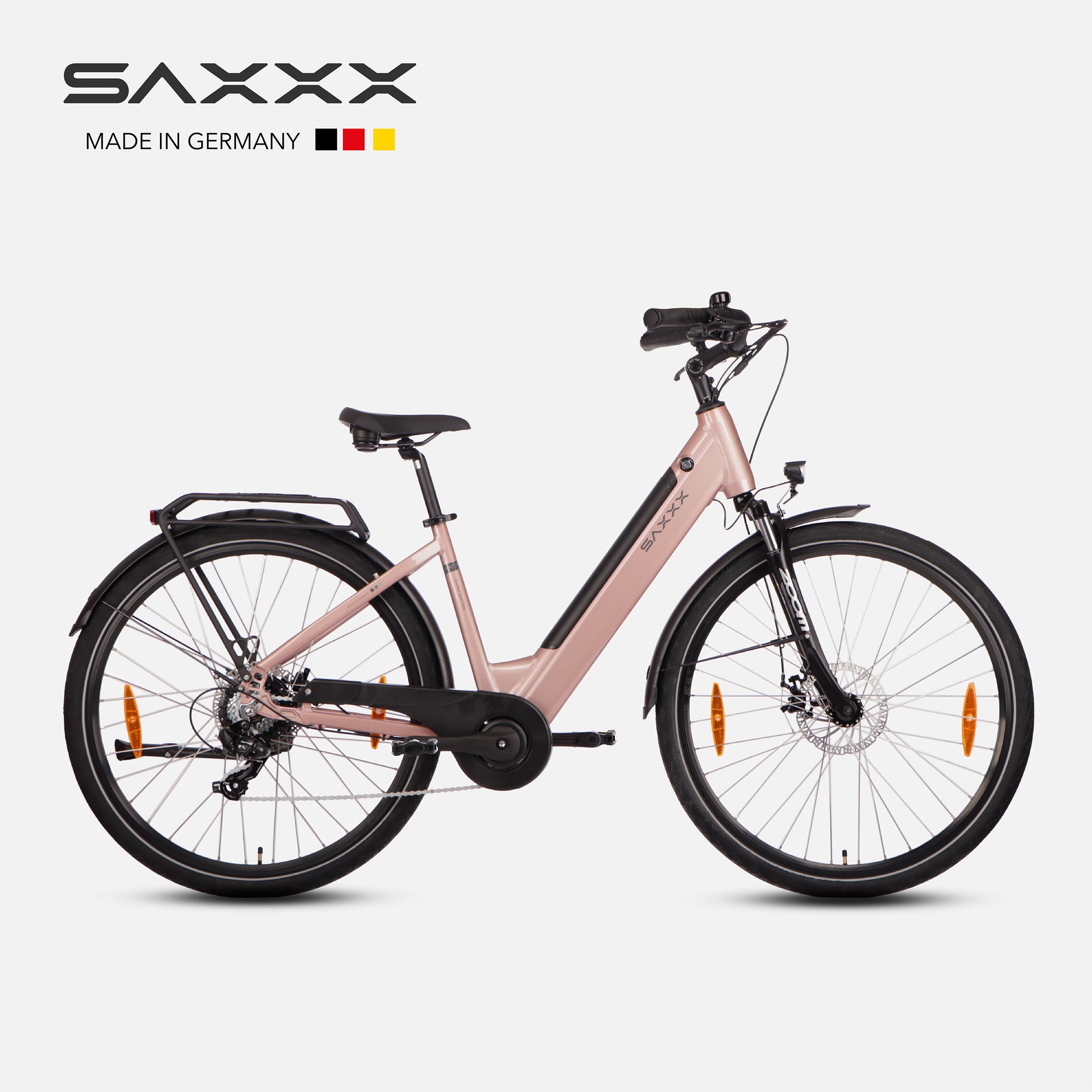 SAXXX Elektrofahrrad, komfortables und sportliches Tiefeinsteiger-Modell mit integriertem Akku, Scheibenbremsen, ergonomischem Design und bis zu 90 km Reichweite. Pink.