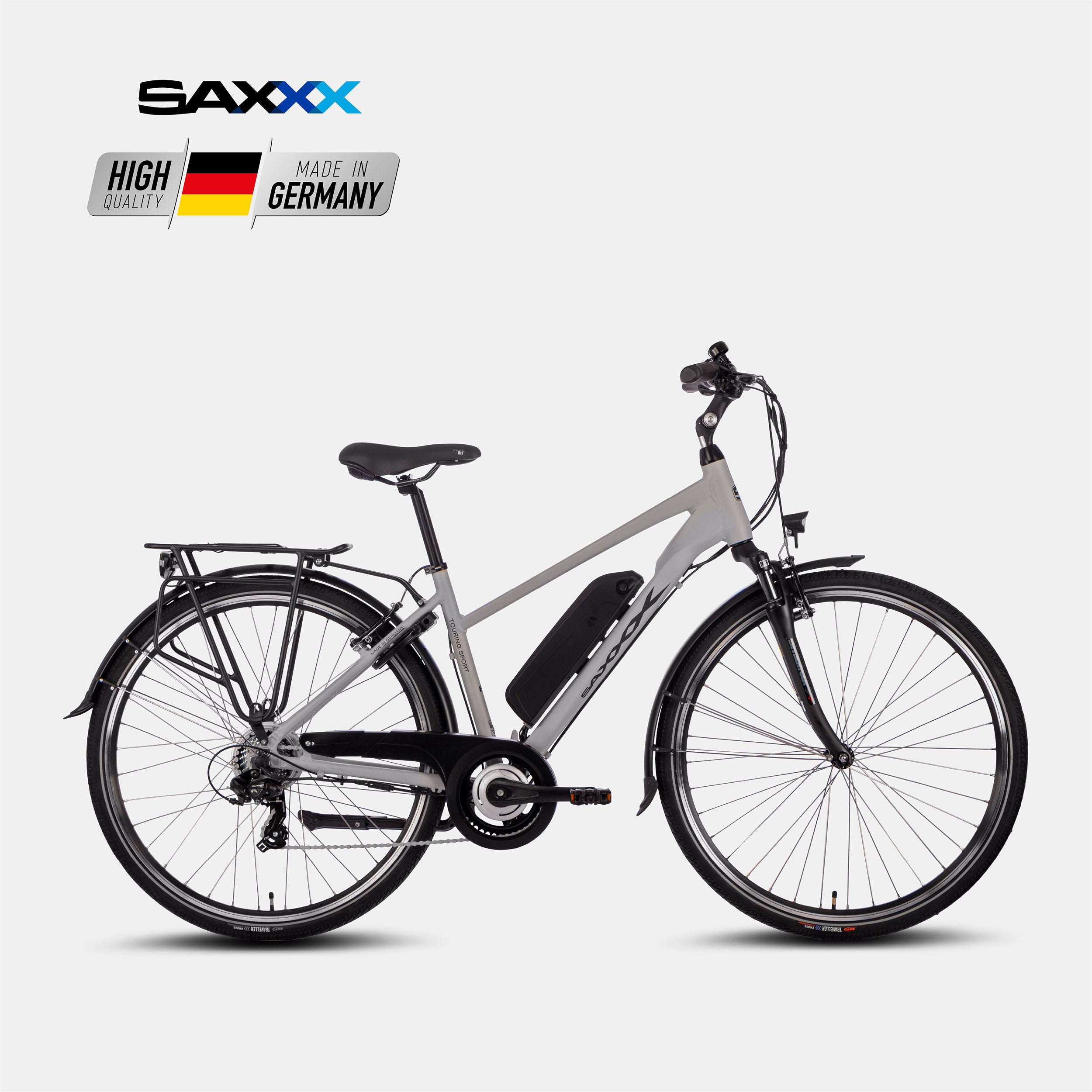 SAXXX E-Bike Touring Sport Trapez, 7-Gang, externem Unterrohr-Akku, Trekking-Ausstattung, hellsilber