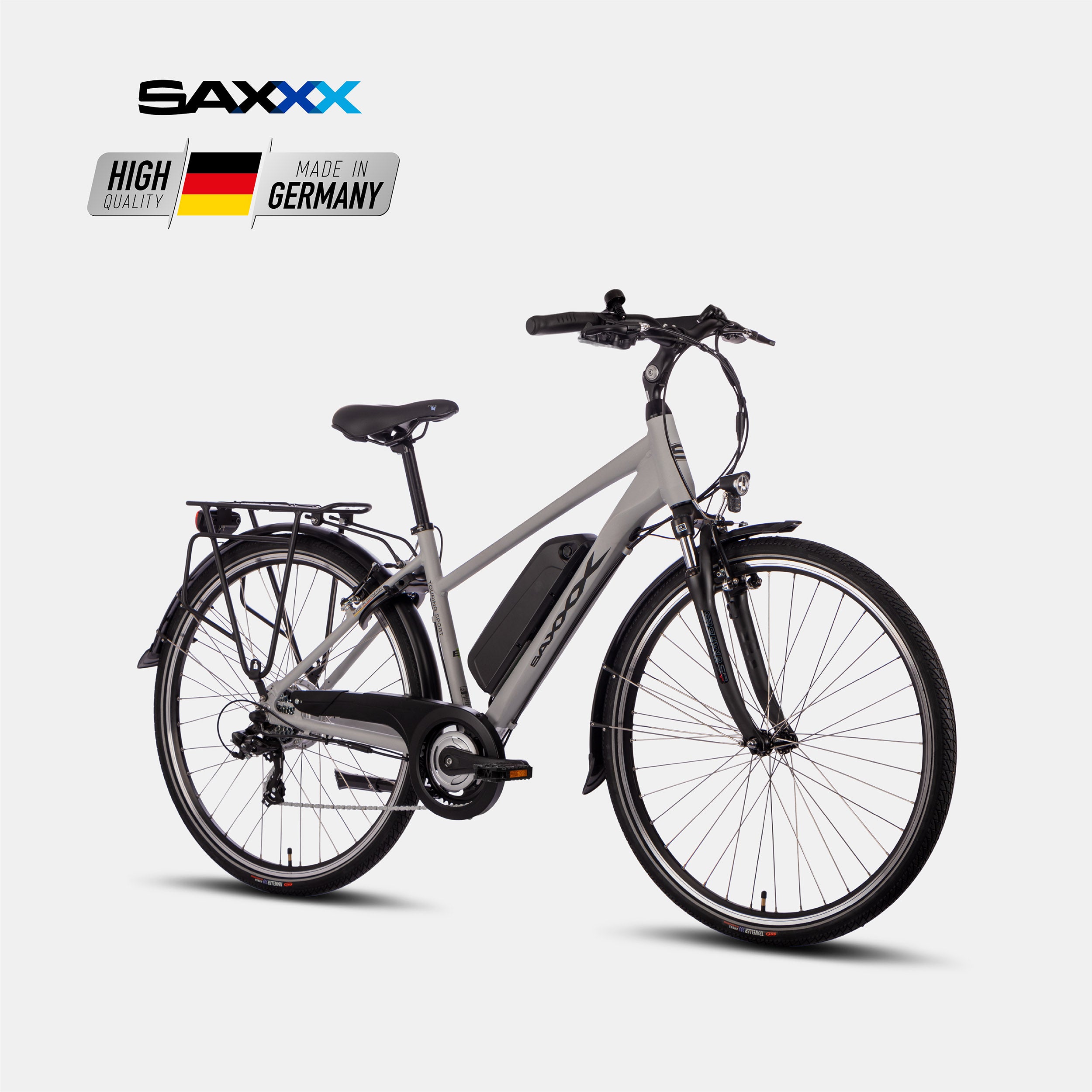 SAXXX Touring Sport Trapez, 7-Gang, Unterrohr-Akku und Federgabel, Schrägansicht, hellsilber