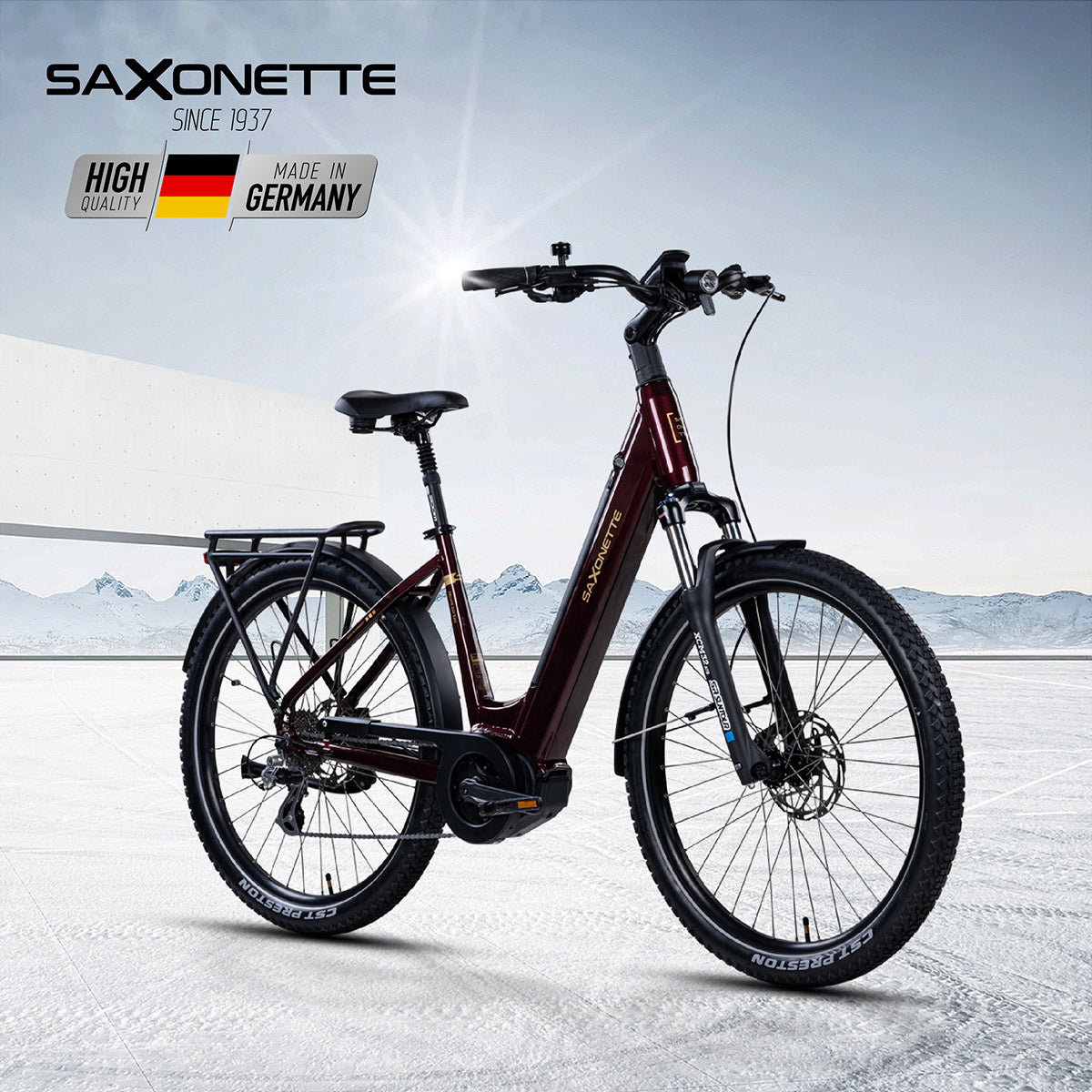 SAXONETTE DEL. SUV Easy, SUV-Trekkingrad mit Mittelmotor und breiteren Reifen, Disc-Brakes, komfortabler Sitzposition; starker Akku für tägliche Wege; Bordeaux.