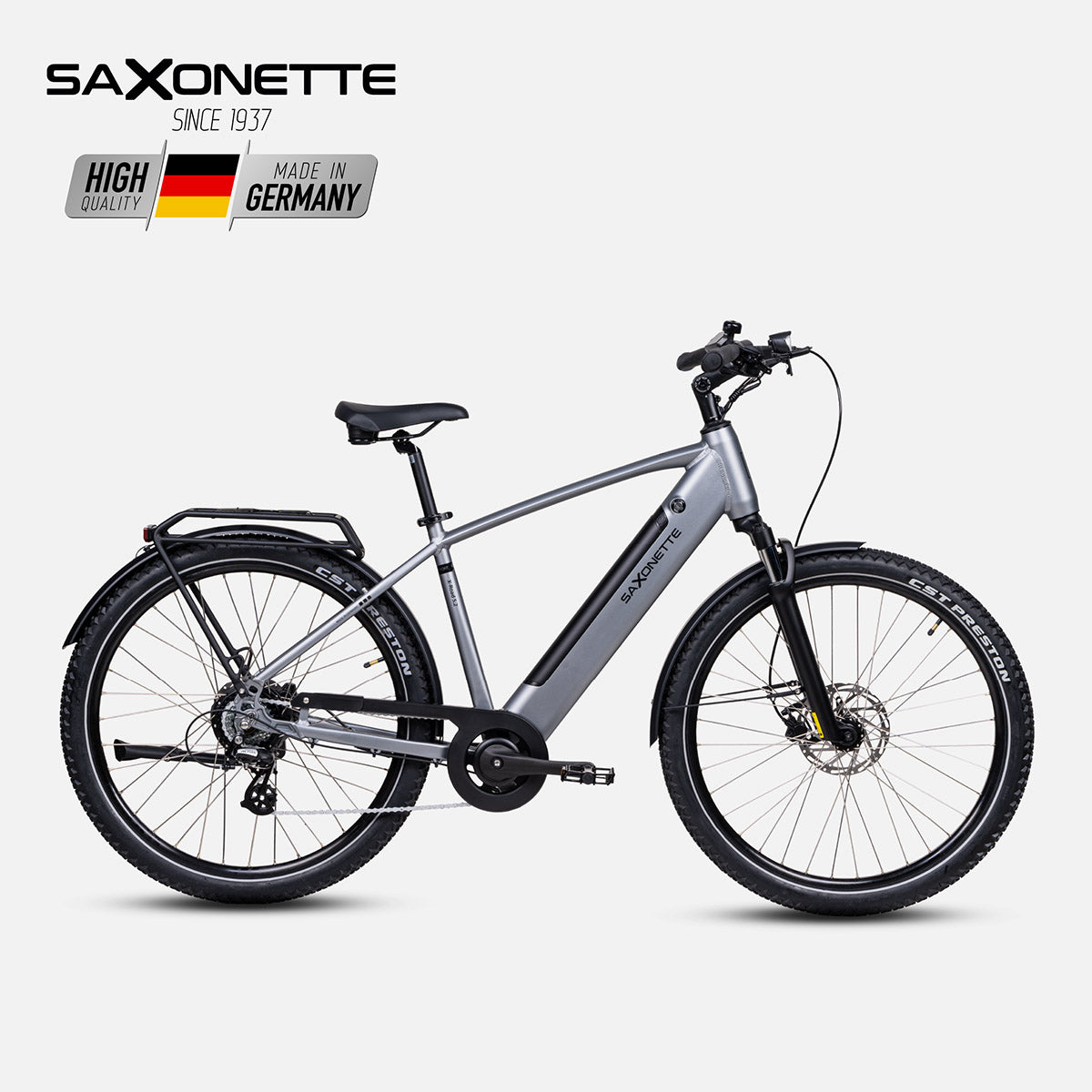 SAXONETTE X-Road 5.2 in Silbergrau – Studioansicht; leichter Aluminiumrahmen, zuverlässiger Akku, alltagstaugliche Ausstattung.