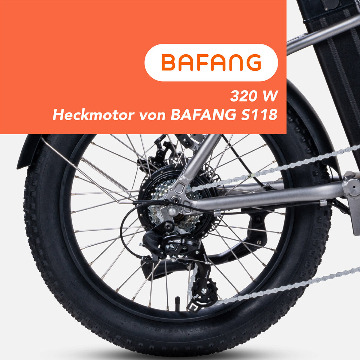 SAXXX Metron Klapprad E-Bike, BAFANG S118 320 W Heckmotor, Hinterrad-Detail