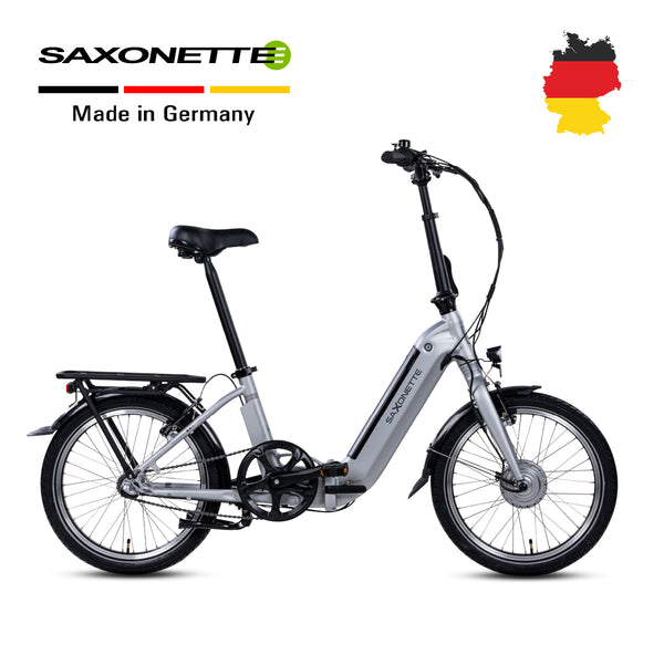 SAXONETTE Compact Comfort Plus 2.0, faltbares 20-Zoll E-Bike mit Tiefeinstieg, Frontnabenmotor, 281-Wh-Akku und Gepäckträger.