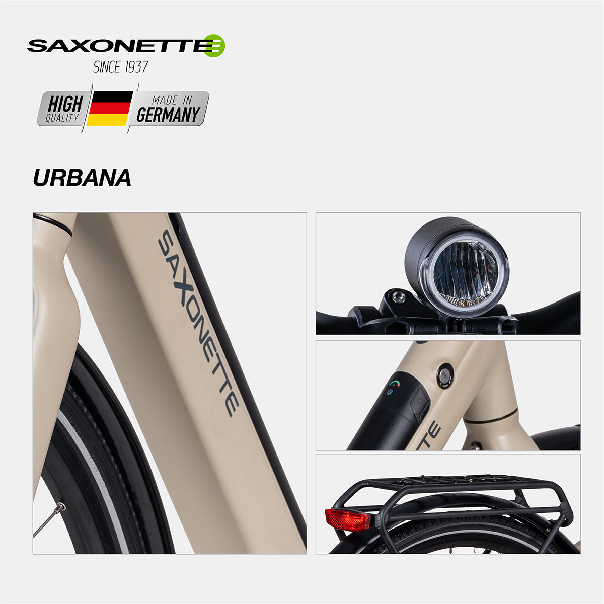 SAXONETTE URBANA Plus WAVE Erdgelb, Rahmen-/Lichtdetails, 250 W Heckmotor