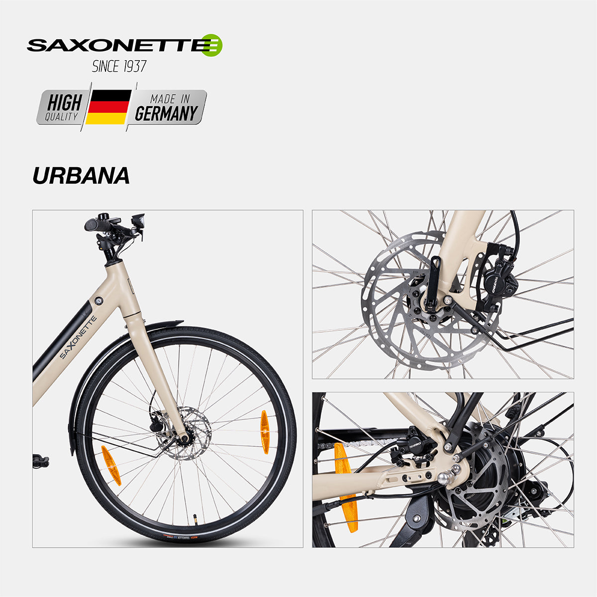 SAXONETTE URBANA Plus WAVE Erdgelb, Scheibenbremse-Detail, 250 W Heckmotor