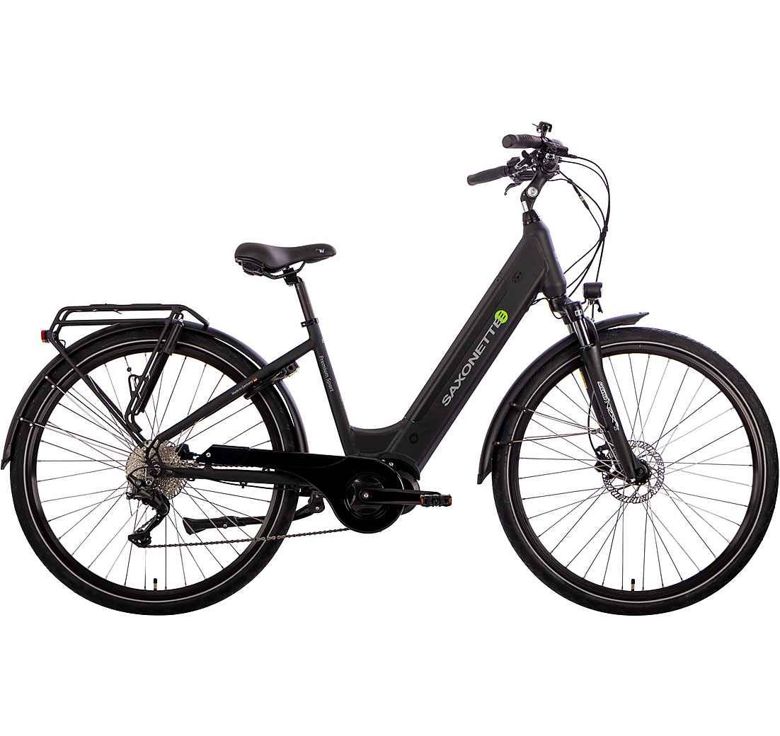 Schrägansicht des SAXONETTE Premium Plus 2.1 Wave, integrierter Akku, Federgabel und Scheibenbremsen.