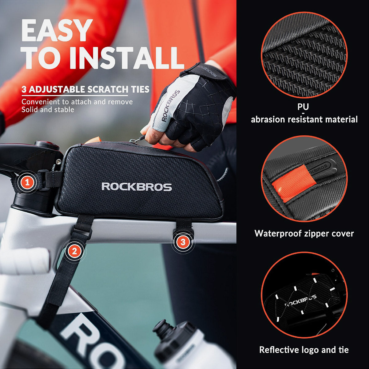 ROCKBROS 1L Wasserdichte Fahrradrahmentasche Reflektor Klettverschluss