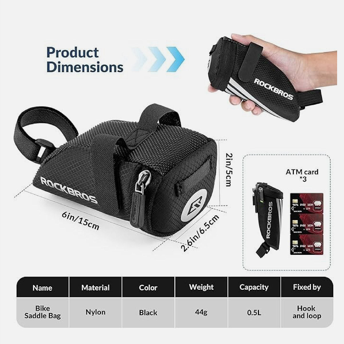 ROCKBROS Fahrradsatteltasche 1L Nylon Reflektierend mit Rücklicht-Halterung