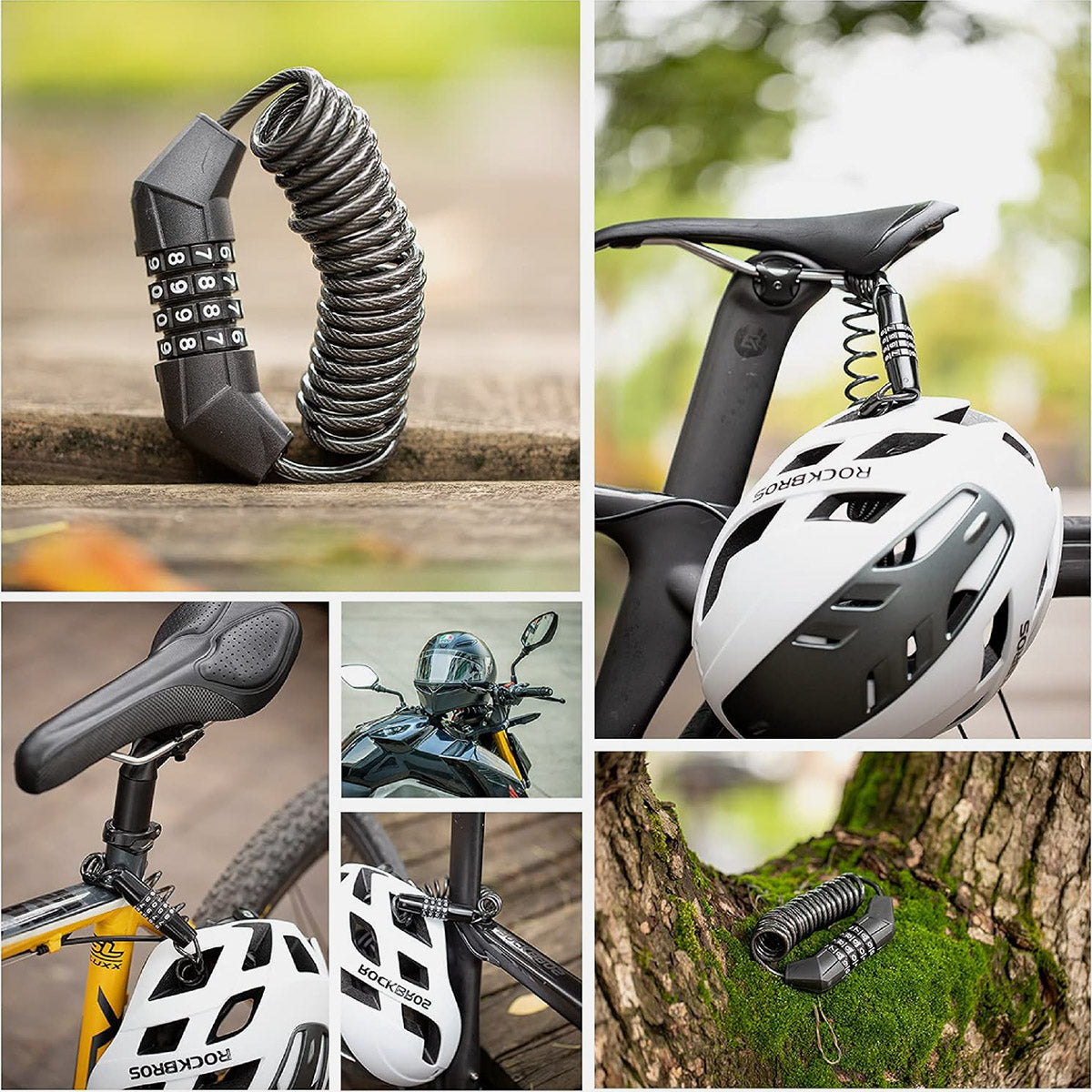 Anwendung des ROCKBROS Mini-Kabelschlosses – Helm, Sattel und Motorrad sichern, flexibel einsetzbar